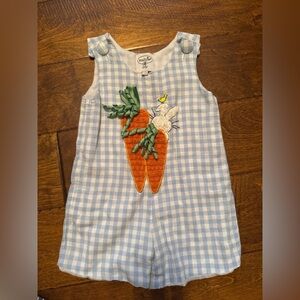 Mud Pie Blue Gingham Baby Romper with Carrot Detail- Easter Outfit
